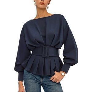 NWOT Elegant Commense Navy Blue Women's Belted Top Sz L